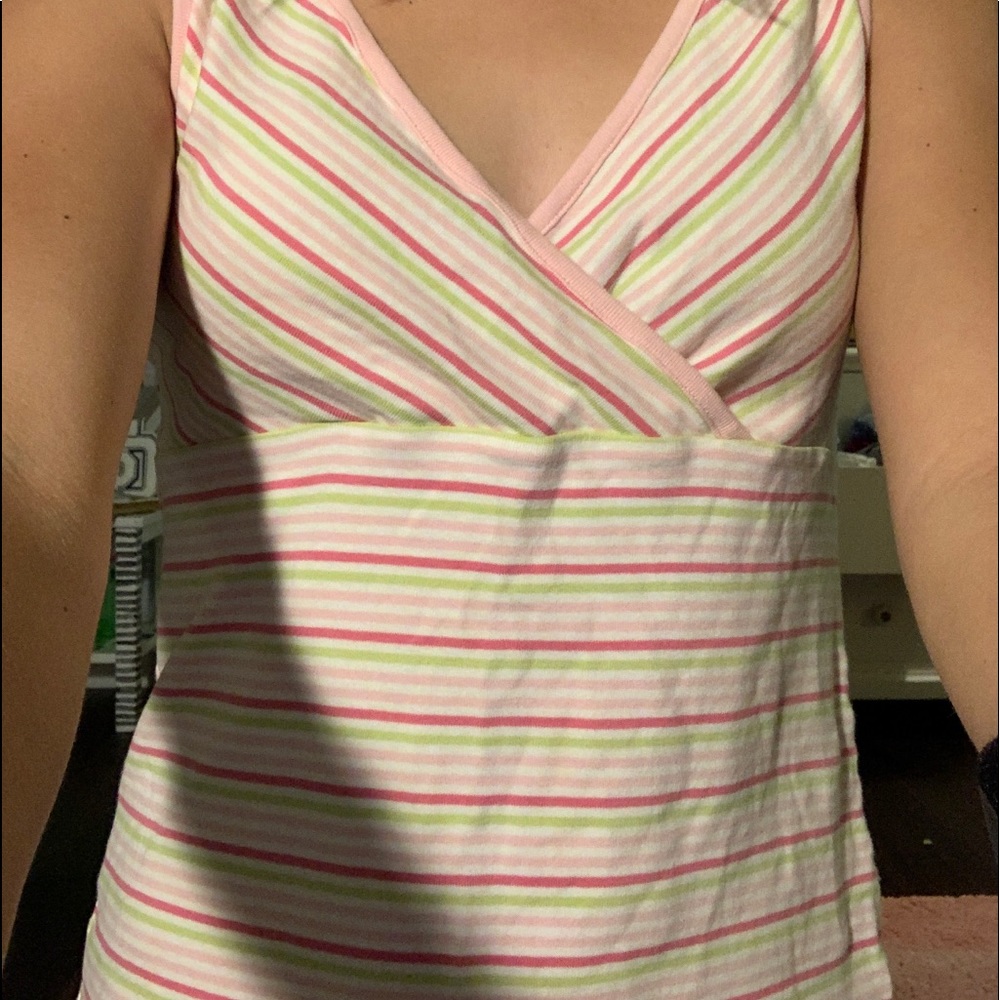 light pink, white, reddish pink, light green top